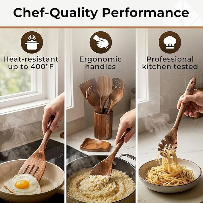 Wooden Utensil Set 8 Pcs – Sturdy & Easy to Clean, Natural Teak Wooden Spoons for Cooking – Non-Scratch Cooking Utensils with Spatula, Turner, Ladle, Spoons, Skimmer, Holder, Spoon Rest & 6 Hooks - Image 5