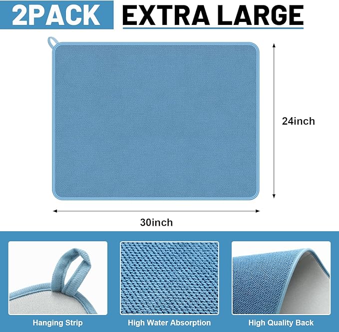Hushee 2 Pack Extra Large Dish Drying Mat Microfiber Absorbent Dish Drying Pad Large Size Dishes Drainer Mats for Countertop, Sink, Refrigerator or Dryer (30 x 24 Inch,Blue, Gray) - Image 2