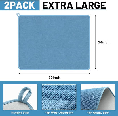 Hushee 2 Pack Extra Large Dish Drying Mat Microfiber Absorbent Dish Drying Pad Large Size Dishes Drainer Mats for Countertop, Sink, Refrigerator or Dryer (30 x 24 Inch,Blue, Gray) - Image 2