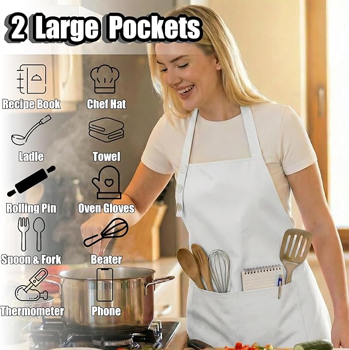 TOSHE Kitchen Apron Waterdrop Resistant Cotton Apron with adjustable Aprons for Women with Pockets 10 Color option Cooking White Apron(White) - Image 2