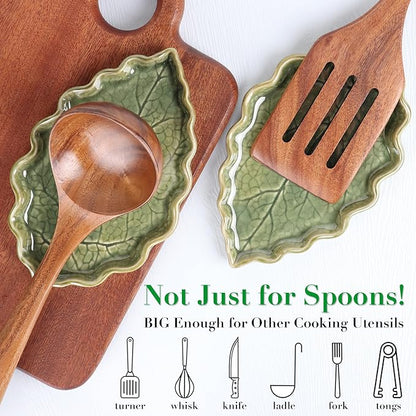 Ceramic Spoon Rest for Stove Top - Cute Green Leaf Shaped Spoon Rest/Spoon Holder for Kitchen Countertop - Cooking Kitchen Spoon Rest Utensil Rest Spatula Rest (Green) - Image 3