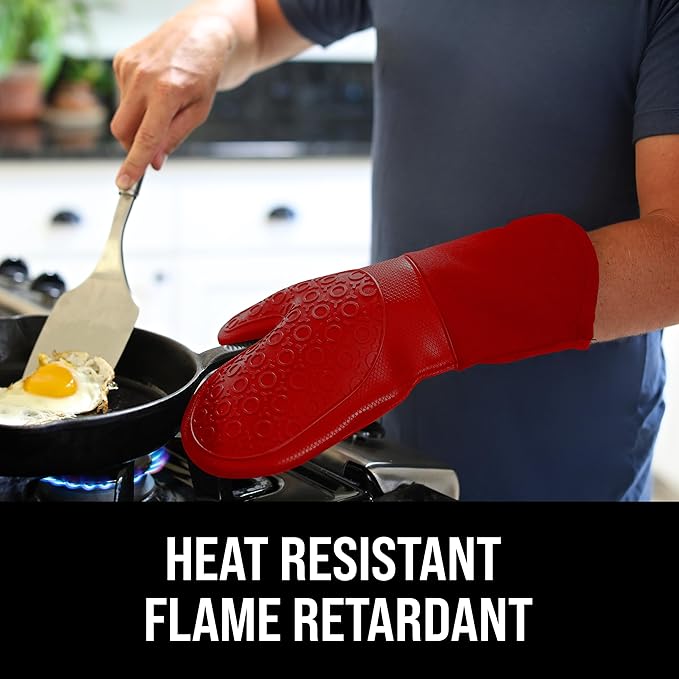 BPA-Free Silicone Oven Mitts Ultra Heat Resistant up to 500°F - Oven Mitts with Thick Cotton Liner - Long Slip Resistant Pot Holders, Flexible Oven Gloves - Empire Red 13.7 - Image 3