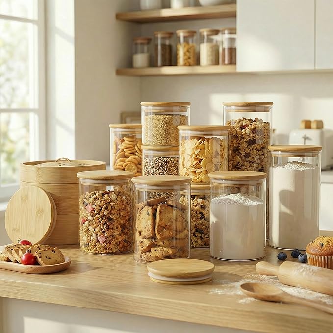 32oz - 4 Pack Glass Jars with Bamboo Lids, Glass Pantry Storage Containers with Airtight Lids, Round Air Tigh Food Storage Canisters for Cereal, Pasta, Flour, Sugar, Rice, Best for Kitchen Organizer - Image 2