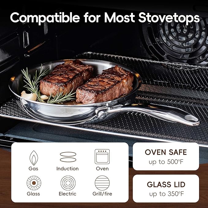 SuperCook Stainless Steel 12 Inch Tri-Ply Frying Pan, Large Frying Pan, Stainless Steel Skillets, Non-Toxic, Multiclad, Induction Oven Compatible, Dishwasher Safe
