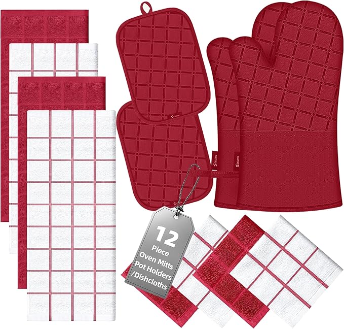 Oven Mitts Kitchen Towels and Dishcloths Pot Holders Sets, Oven Gloves Kitchen Dish Towels 500 Degree Heat Resistant Potholders with Non-Slip Silicone Surface for Cooking, Grilling, Baking-Red by BSKSSK