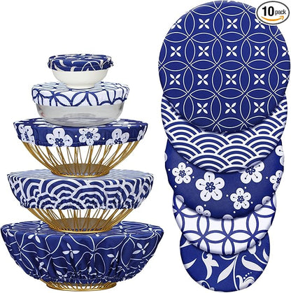 Patelai 10 Pcs Bowl Covers Reusable in 5 Size Stretch Cloth Fabric Elastic Food Storage Bowl Covers Bread Sourdough Lids for Proofing Food Fruits Leftover(Blue White,Stylish Style) by Patelai