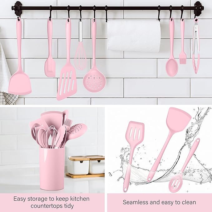 HaWare 11 PCS Silicone Cooking Utensils Set, Heat Resistant Kitchen Utensils with Holder, Food-grade Spatula Sets for Nonstick Cookware, Kitchen Tools Gadgets Include Fish Turner, Spoon (Pink) - Image 7