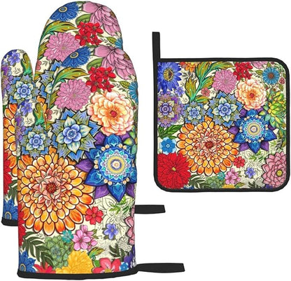 Boho Floral Oven Mitts and Pot Holders Sets of 3, Colorful Flowers Heat Resistant Kitchen Gloves Hot Pads, Chef Baking Gifts for Baker Women Mom Wife, Spring Easter Kitchen Gifts for Cooking Lover by Unknown
