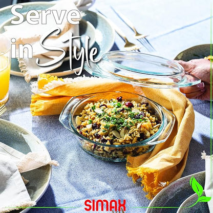 SIMAX Casserole Dish with Lid, 1 Quart Round Glass Casserole, Baking Dish, Oven, Microwave, Dishwasher Safe, Yellow, Borosilicate Glass, 946.35 cm