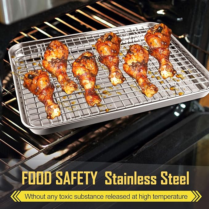 12.5 Inch Baking Sheet Pan with Cooling Rack Set, Joyfair Stainless Steel Toaster Oven Tray Pans with Grid Racks, Rectangular Bakeware for Cookie/Bacon, Heavy Duty & Rust-free, Dishwasher Safe