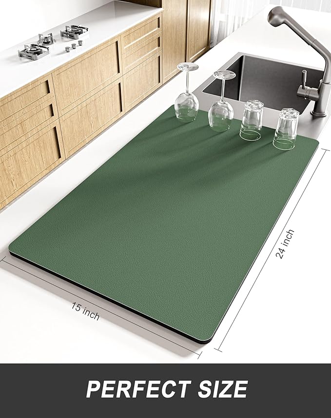 Rnivvi Dish Drying Mat for Kitchen Counter, XL 15 x 24" Super Absorbent Drainer Pad Easy Clean Dish Rack Pad, Non-Slip Heat Resistant Coffee Bar Mat for Coffee Machine Station Accessories,Forest Green - Image 2