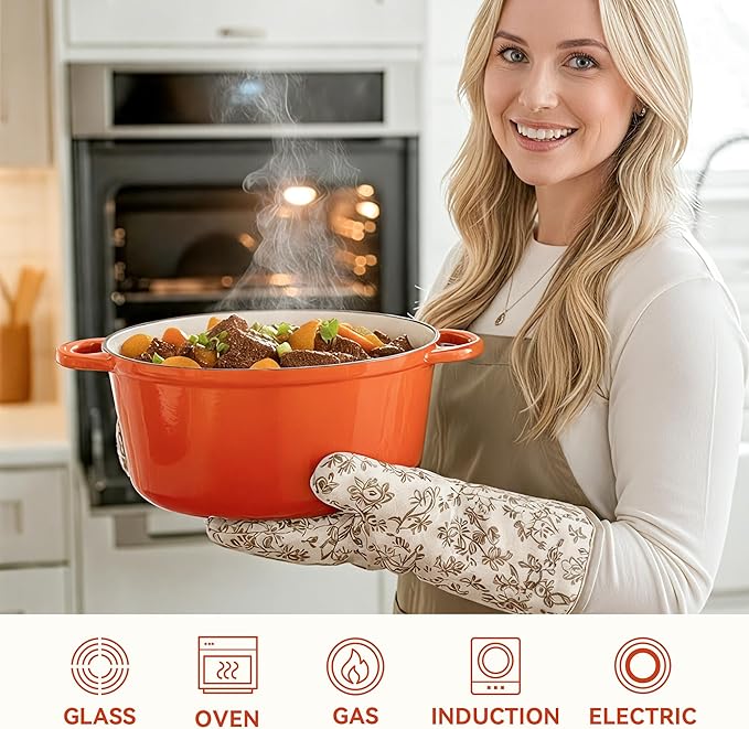 6.5 Quart Dutch Oven Pot with Lid, Non Stick Enameled Cast Iron Dutch Oven for Bread Baking, Heavy-Duty, Oven Safe Ceramic Cookware Up to 500°F for Baking, Braising, Stews, Roasting, Orange - Image 5