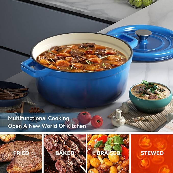 Miereirl 6.5 Quart Enameled Dutch Oven Pot with Lid, Cast Iron Dutch Oven with Dual Handles for Bread Baking, Cooking, Non-stick Enamel Coated Cookware (Dark Blue) - Image 6