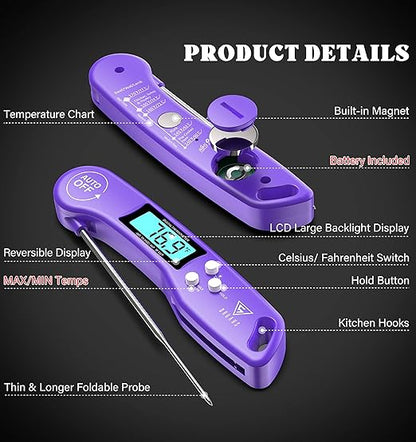 DOQAUS Digital Meat Thermometer, Instant Read Food Thermometer for Cooking with Backlit & Auto-Rotating Display, 4.6” Probe for Grilling, Baking, and Perfect BBQ - Purple - Image 8