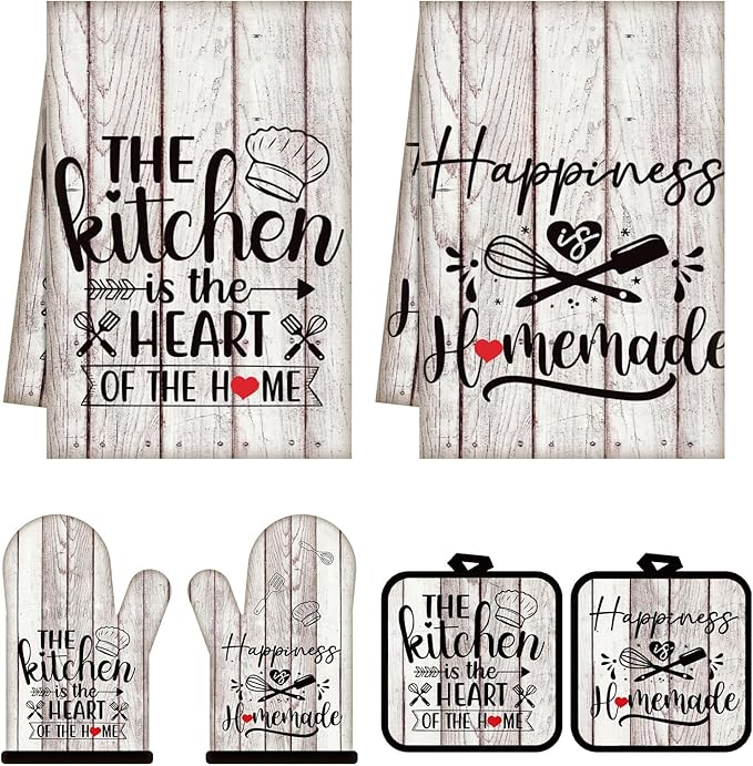 Sratte 6 Pcs Kitchen Decor Accessories Set Farmhouse Towels Pot Holders Oven Mitts Set 2 Dish Towels 2 Potholders 2 Cooking Mittens Oven Glove for Christmas Baking Cooking(White Wood Grain) by Sratte