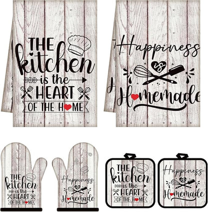 Sratte 6 Pcs Kitchen Decor Accessories Set Farmhouse Towels Pot Holders Oven Mitts Set 2 Dish Towels 2 Potholders 2 Cooking Mittens Oven Glove for Christmas Baking Cooking(White Wood Grain) by Sratte