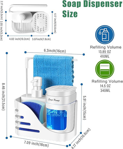 Kitchen Soap Dispenser Set, 4-in-1 Dual Hand and Dish Soap Dispenser with Sponge Holder and Dishcloth Holder for Kitchen Sink (White) - Image 6
