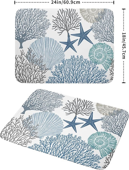 Blue Coral Dish Drying Mat 18x24 Inch Absorbent Reversible Summer Beach Drying Mat Nautical Coastal Starfish Dish Drying Rack Mat Ocean Themed Dish Drainer Mat for Kitchen Counter Coffee Bar
