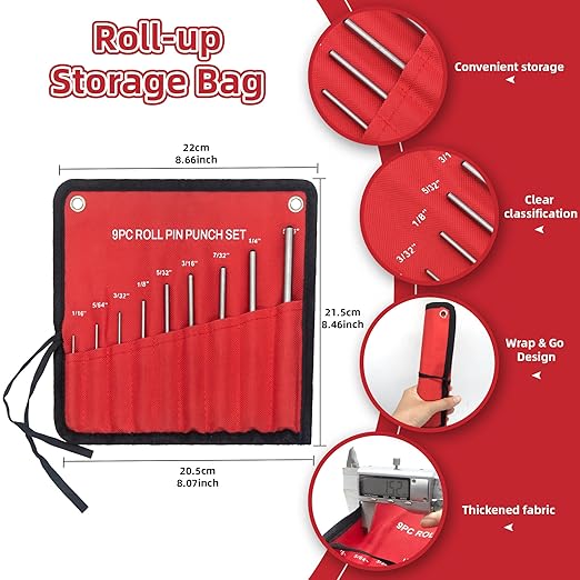 9-Piece Roll Pin Punch Set - Precision Steel Punches for Gunsmithing, Watch Repair & DIY (1/16" to 1/4") - Includes Tool Pouch, Ideal for Firing Pin Removal, Nail Punching & Building Projects - Image 5