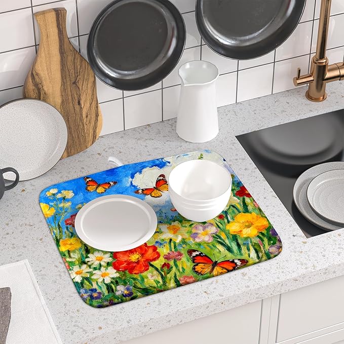 Cute Floral Dish Drying Mat Small for Kitchen Counter 16x18, Spring Summer Decorative Absorbent Reversible Microfiber Kitchen Countertop Protector Dishes Drainer Pad, Watercolor Flower Butterfly - Image 6