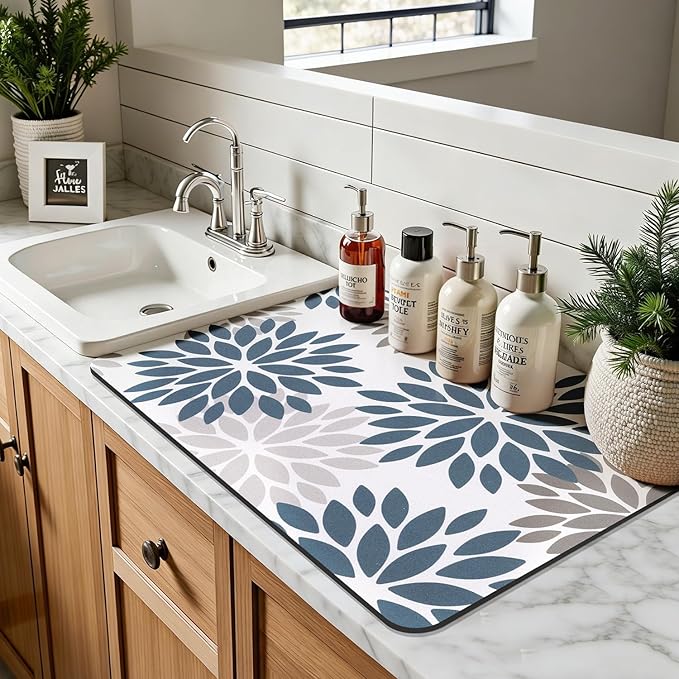 Findosom Floral Dish Drying Mat, 16" x 24" Super Absorbent & Hide Stain Coffee Mat, Cuttable Drying Mat for Kitchen Counter, Under Dish Rack, Coffee Maker, Espresso Machine, Blue