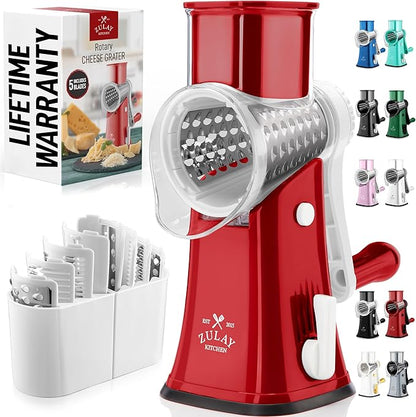 Zulay Kitchen Rotary Cheese Grater 5 Blade Cheese Shredder - Manual Hand Crank Cheese Grater With Reinforced Suction & 5 Interchangeable Drums - Easy to Use, Vegetable Chopper Round Mandoline Slicer by ZulayKitchen
