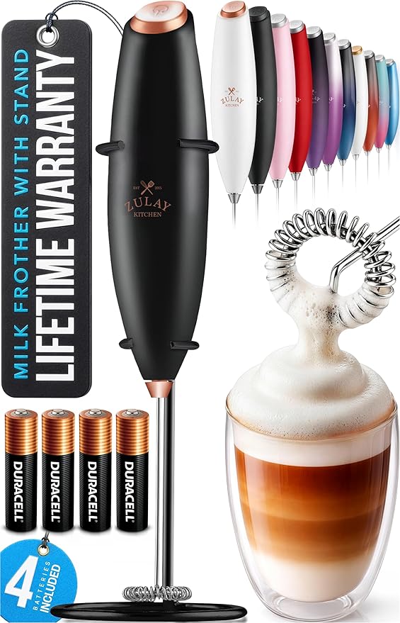 Zulay Kitchen Powerful Milk Frother Wand With 4 AA Duracell Batteries - Ultra Fast Handheld Drink Mixer - Electric Whisk Foam Maker for Coffee, Lattes, Cappuccino, Matcha & Creamer - Black Copper by ZulayKitchen