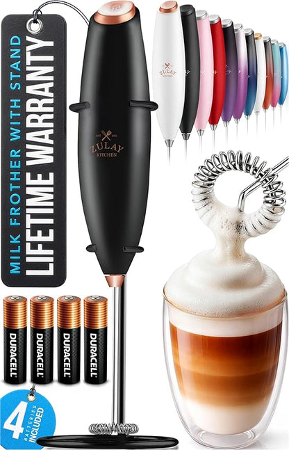 Zulay Kitchen Powerful Milk Frother Wand With 4 AA Duracell Batteries - Ultra Fast Handheld Drink Mixer - Electric Whisk Foam Maker for Coffee, Lattes, Cappuccino, Matcha & Creamer - Black Copper by ZulayKitchen