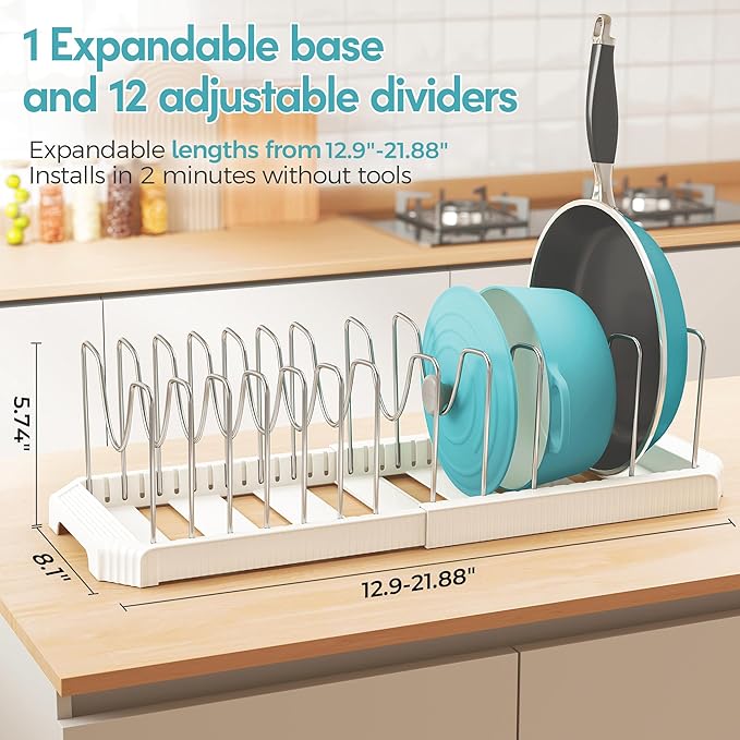 Pots and Pans Organizer for under Cabinet, Pan Pot Organizers inside Cabinet, Expandable Organizer with 12 Adjustable Dividers for Cookie Sheets, Cutting Boards, Pot Lids, Cookware - Frying Pan Rack - Image 3