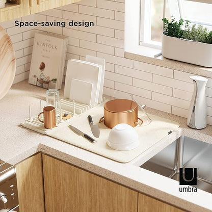 Umbra Udry Dish Rack with Movable Pegs and Microfiber Drying Mat – Space-Saving Design Folds Up for Easy Storage, Basic Rack, Linen - Image 3
