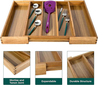 Utoplike Acacia Kitchen Drawer Organizer Expandable, Large Utensils and Cutlery Tray, Adjustable Silverware Divider for Knives Flatware