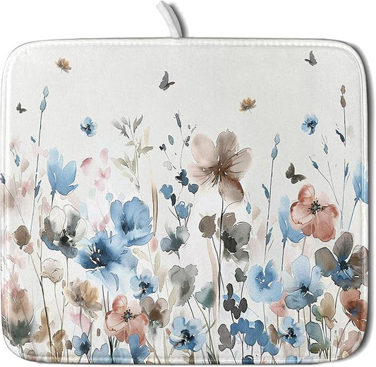 Giwawa Watercolor Floral Dish Drying Mat, 16"x18" Blue Grey Brown Flowers Kitchen Drainer Mats, Spring Summer Wildflower Microfiber Small Dish Drying Pad for Countertop Tabletop Decoration