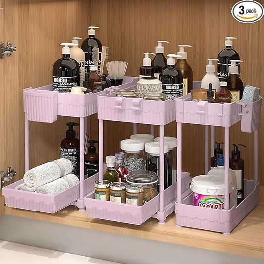 Sevenblue 3 Pack Under Sink Organizers, 2-Tier Multi-Use Kitchen and Bathroom Organizers and Storage with Sliding Drawers, Bathroom Cabinet Organizer (Pink, 12.8 Inch) by Sevenblue