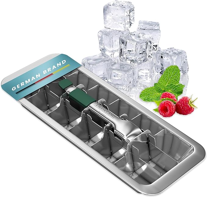 Stainless Steel Polished Ice Cube Tray for freezer with Lever Insert for Easy Release with cold-insulated comfort grip | Food-Safe & Durable Ice Cube Maker | Plastic-Free Large