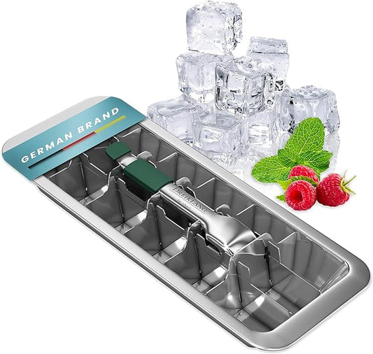 Stainless Steel Polished Ice Cube Tray for freezer with Lever Insert for Easy Release with cold-insulated comfort grip | Food-Safe & Durable Ice Cube Maker | Plastic-Free Large