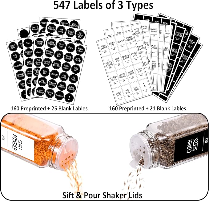 Churboro 48 Spice Jars with Labels- Spice Jars with Bamboo Lids - 4 Oz Glass Spice Containers with Shaker Lids, 547 Spice Labels of 3 Different Types Seasoning Jars for Spice Rack, Cabinet, or Drawer - Image 4