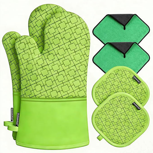 Oven Mitts and Pot Holders Sets 6pcs, Kitchen Oven Glove,High Heat Resistant 550 Degree Extra Long Oven Mitts and Potholders with Non-Slip Silicone Surface for Home Essentials (Grey) (Meadow Green) by OvenMitts