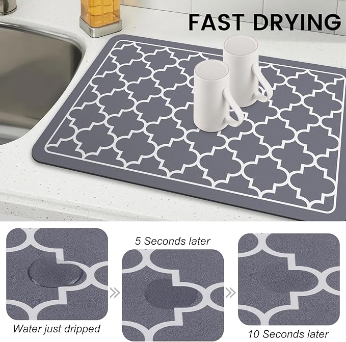 WISELIFE Dish Drying Mat Super Absorbent Drying Mat Large Dish Drying Mats for Kitchen Counter Easy Clean Dish Mat Kitchen Drying Mat16"x 24" Stylish Grey - Image 3