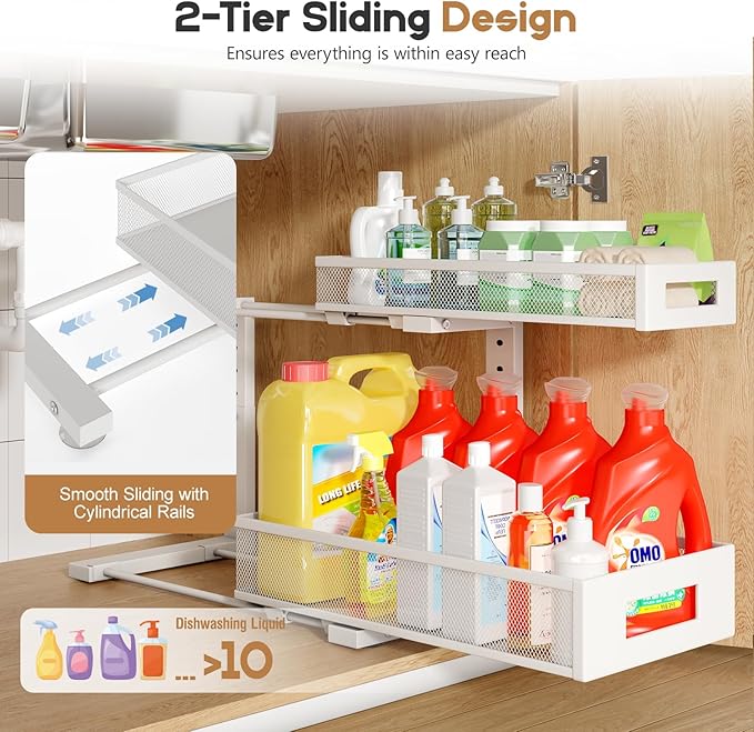 1 Pack 17IN Depth Under Sink Storage Organizer, Large 2-Tier Elegant Mesh Pull Out Shelf for Kitchen and Bathroom Cabinet Organization, L-Shaped and Adjustable Height Design-White - Image 4