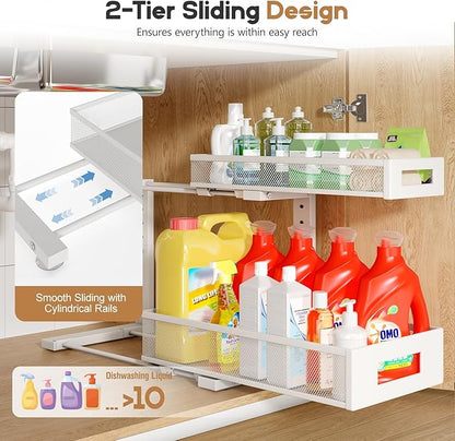 1 Pack 17IN Depth Under Sink Storage Organizer, Large 2-Tier Elegant Mesh Pull Out Shelf for Kitchen and Bathroom Cabinet Organization, L-Shaped and Adjustable Height Design-White - Image 4