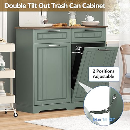 Double 10 Gallon Tilt Out Trash Can Cabinet with Deodorizing Function and Power Outlet, Wooden Hidden Garbage Can Holder with 2 Storage Drawers for Kitchen, Laundry Hamper Cabinet for Bathroom, Green