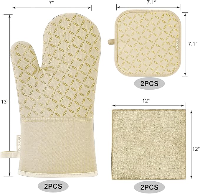 KEGOUU Oven Mitts and Pot Holders 6pcs Set, Kitchen Oven Glove High Heat Resistant 500 Degree Extra Long Oven Mitts and Potholder with Non-Slip Silicone Surface for Cooking (Beige) - Image 2