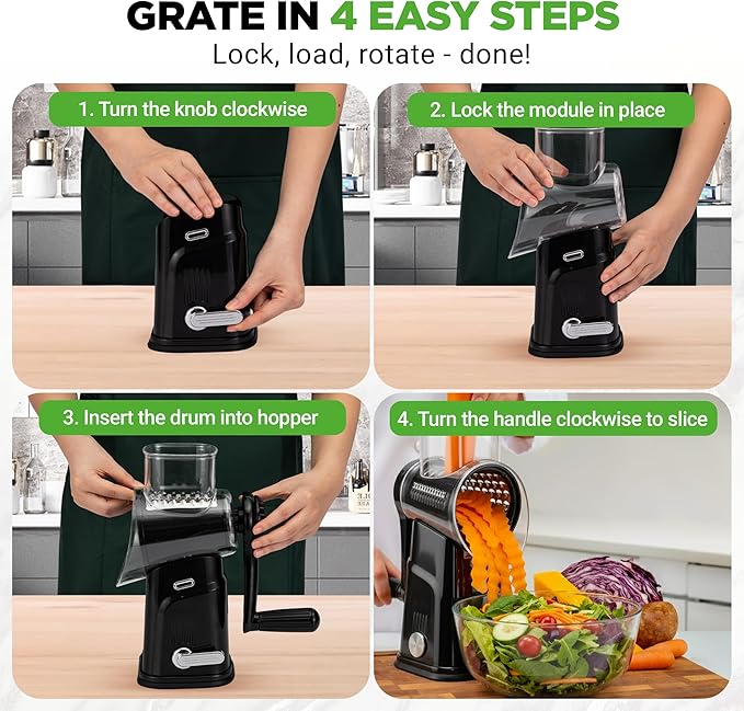 NutriChef 5 in 1 Cheese Grater & Shredder | 5 Different Blades for Thin, Thick, Julienne Strips, Wavy, & Straight Strips | Includes Hand Crank, Strong Suction Base & Storage Container | Black - Image 2