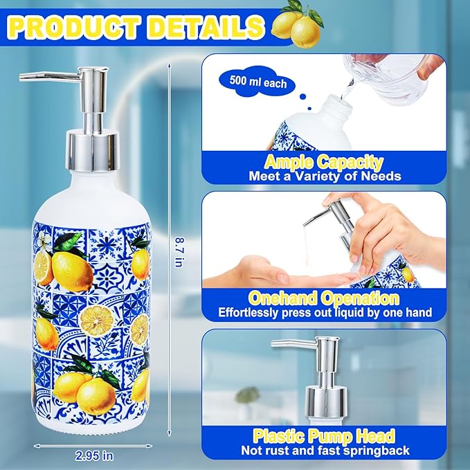 2 Pcs Blue Tiles Lemon Soap Dispenser Blue Tile Yellow Capri Lemon Glass Dispenser Hand Soap Pump Inspired Refillable Liquid Soap and Lotion Bottle Storage for Home Kitchen Bathroom Decor
