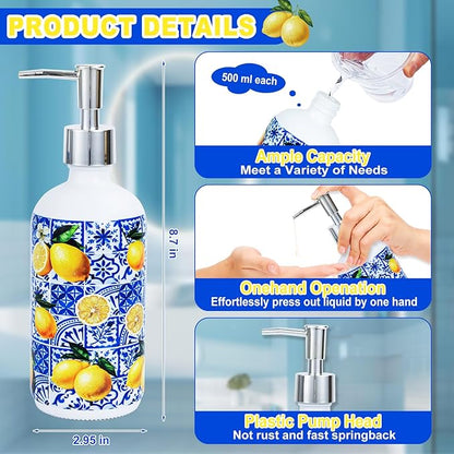 2 Pcs Blue Tiles Lemon Soap Dispenser Blue Tile Yellow Capri Lemon Glass Dispenser Hand Soap Pump Inspired Refillable Liquid Soap and Lotion Bottle Storage for Home Kitchen Bathroom Decor