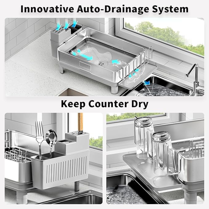 Ewaiira Dish Drying Rack, 304 Stainless Steel Dish Racks for Kitchen Counter, Dish Drainers with Automatic Drainage, Utensil Holder & Cups Holder, Space Saving Kitchen Organizer, Gray - Image 5