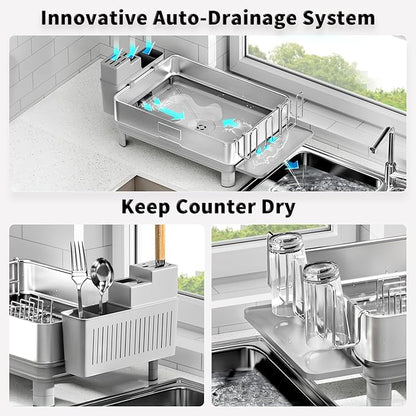 Ewaiira Dish Drying Rack, 304 Stainless Steel Dish Racks for Kitchen Counter, Dish Drainers with Automatic Drainage, Utensil Holder & Cups Holder, Space Saving Kitchen Organizer, Gray - Image 5