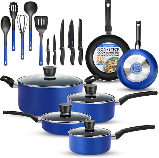 SereneLife 20-Piece Blue Cookware Set with Knives - Includes Multi-Sized Pots and Pans Set Non stick with Lids and Utensils, Heat Resistant, Dishwasher Safe by SereneLife