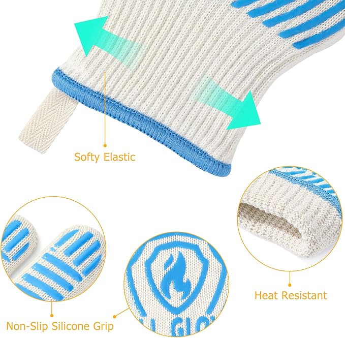 QUWIN BBQ Gloves, Oven Gloves 1472℉ Extreme Heat Resistant, Grilling Gloves Silicone Non-Slip Oven Mitts, Kitchen Gloves for BBQ, Grilling, Cooking, Baking-1 Pair… (Blue, One Size Fits Most) - Image 6
