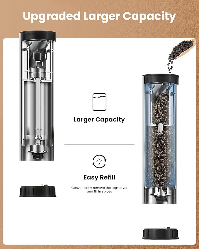 Electric Salt and Pepper Grinder Set with Rechargeable Base - Upgraded Large Capacity, Refillable Pepper Mill Set with LED Light & Adjustable Coarseness, Ideal for Kitchen, Outdoor, BBQ & Gift Giving - Image 3